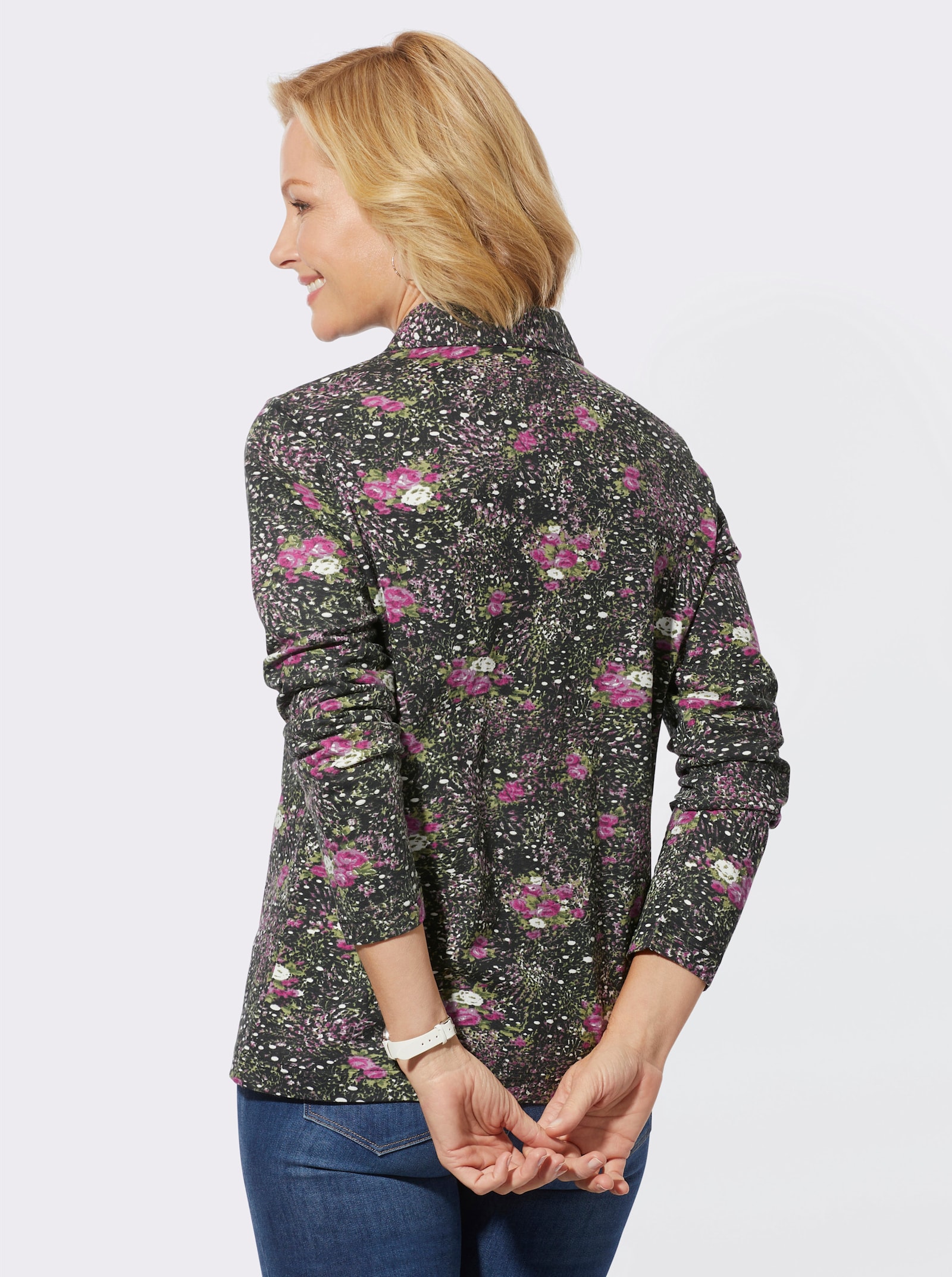 Langarm-Poloshirt in hautsympathischem Single-Jersey - schwarz-violett-bedruckt