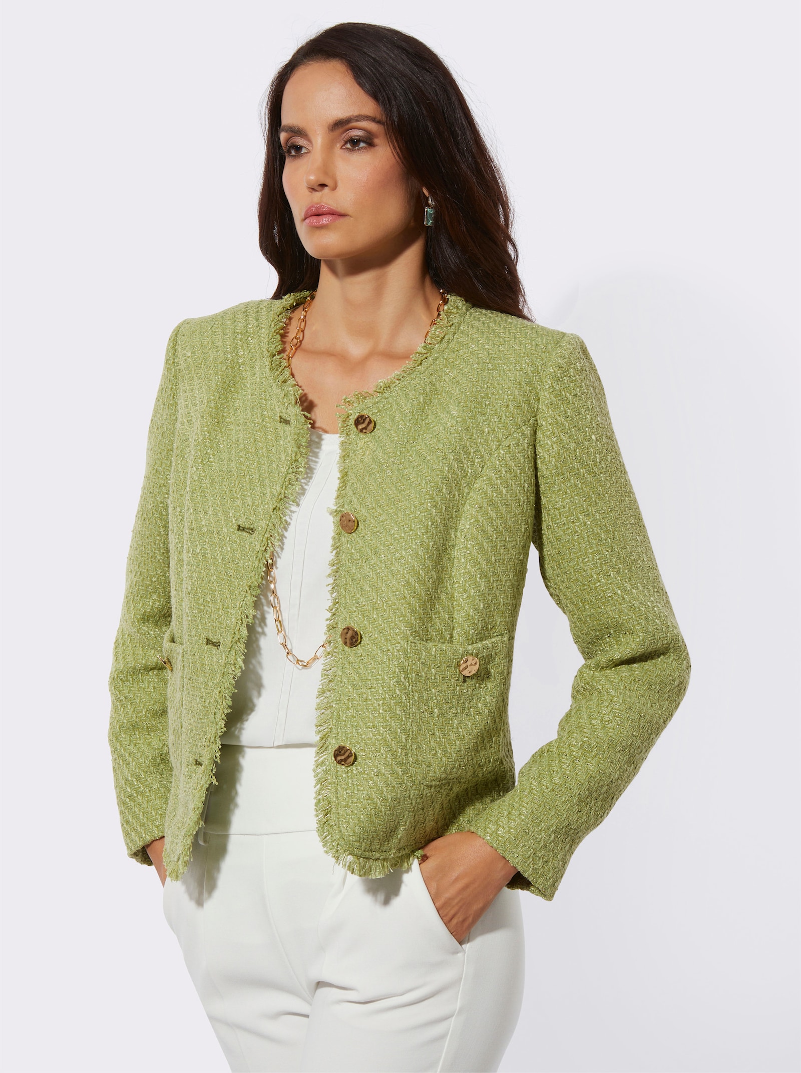 Bouclé-Blazer mit Fransen-Verzierung - lindgrün