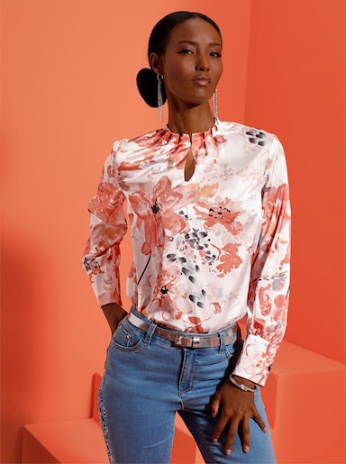 Druckbluse in Satin-Qualität - ecru-apricot-bedruckt