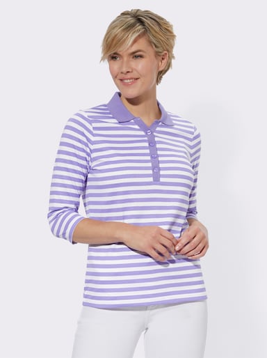 Poloshirt mit kurzer Knopfleiste - lavendel-weiß-geringelt