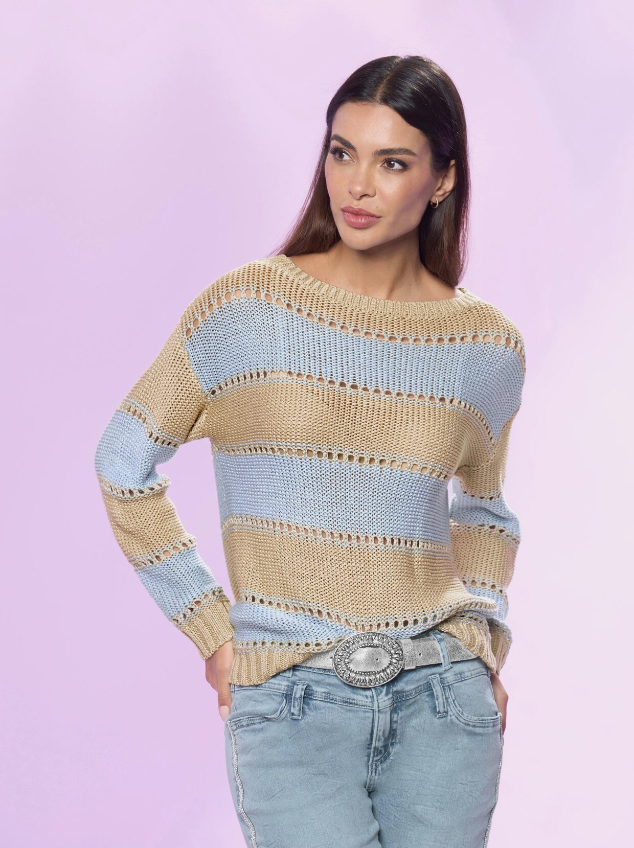 Rick Cardona Pullover - sand-hellblau-gestreift
