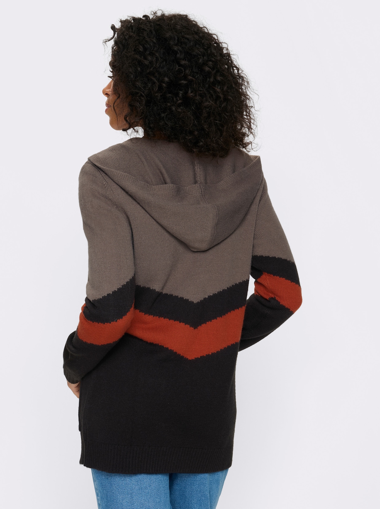 Longstrickjacke im Color-Blocking-Dessin - dunkeltaupe-schwarz-gemustert