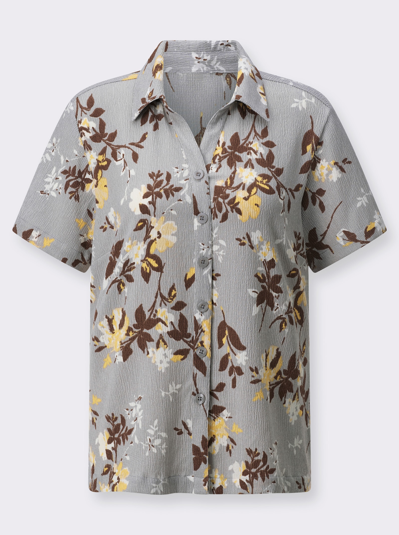 Crêpebluse in Borke-Qualität - steingrau-gelb-bedruckt