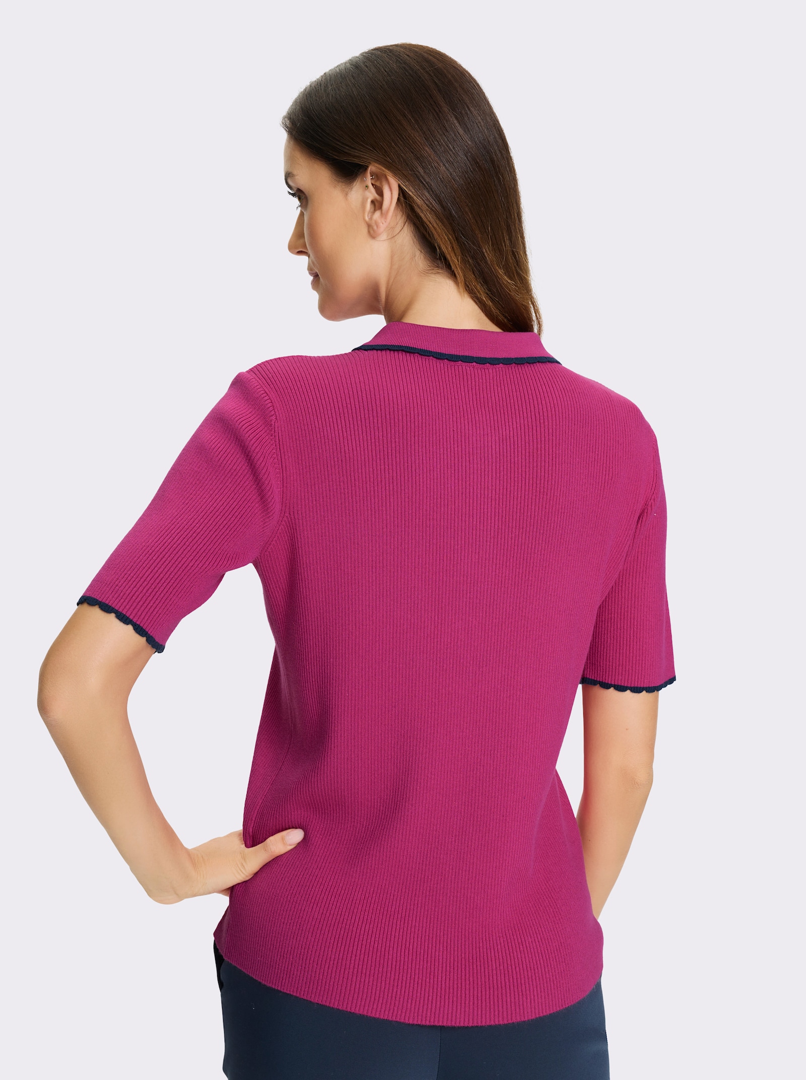 feel good Kurzarmpullover mit Wellenkanten - fuchsia-dunkelblau