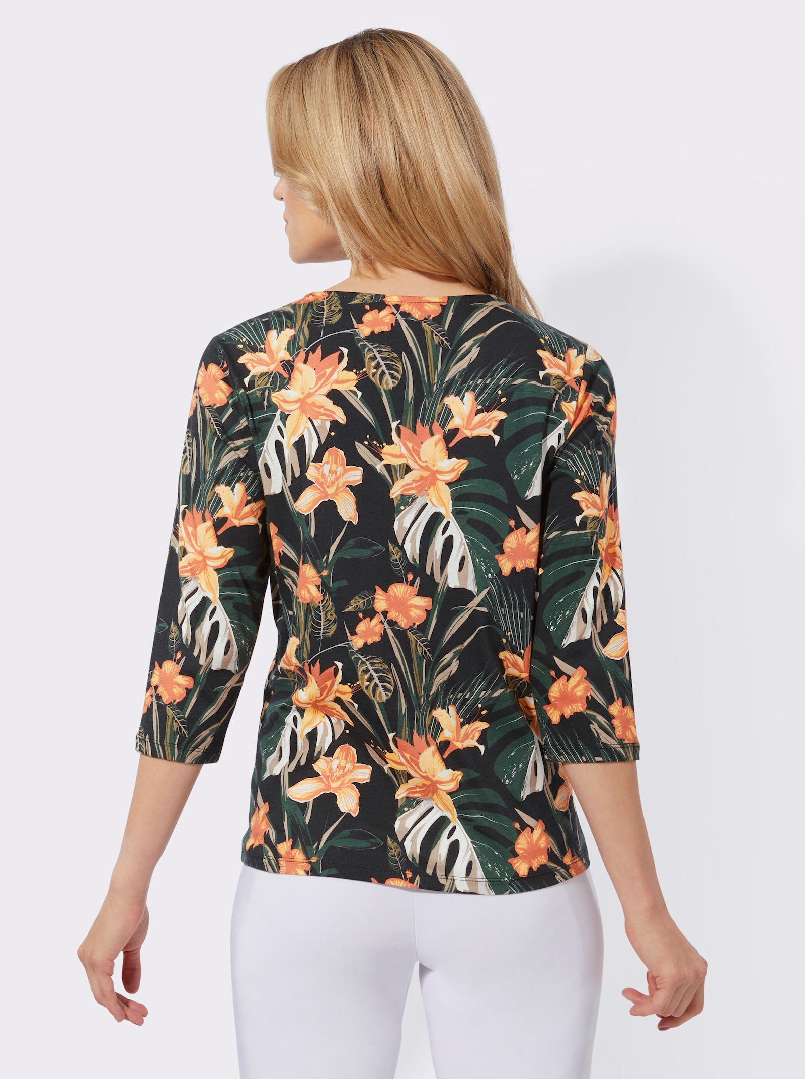 Shirt met 3/4-mouwen en bloemenpatroon - zwart/geel geprint