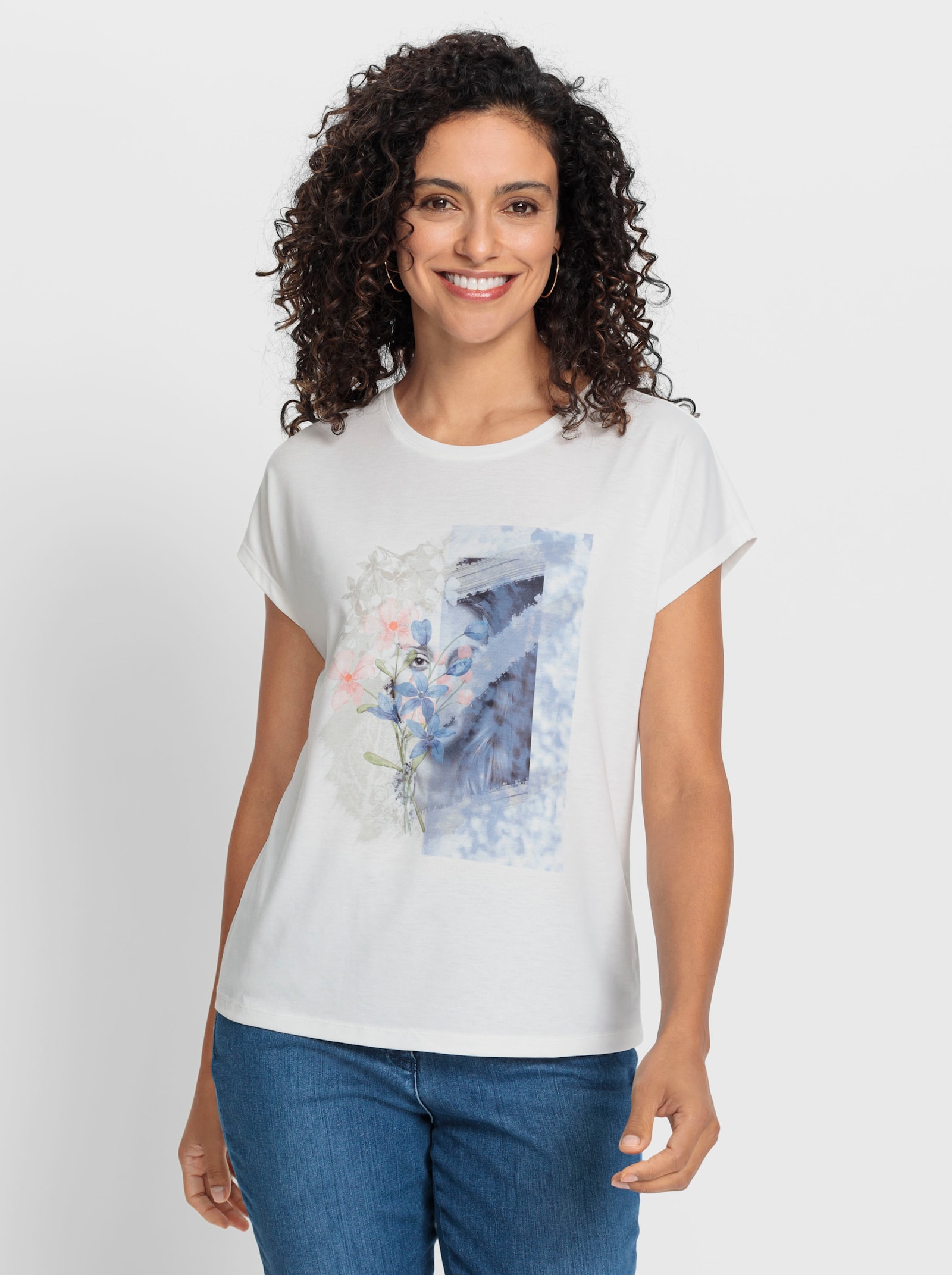 Shirt met ronde hals en print - ecru/bleu geprint