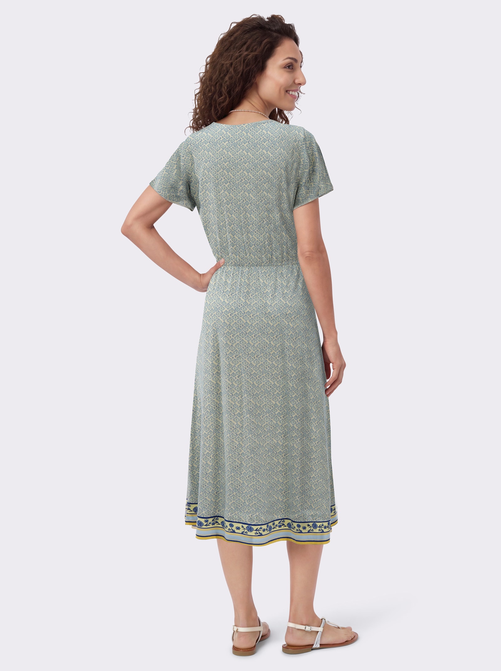 Druckkleid mit Taillenbetonung - sand-royalblau-bedruckt