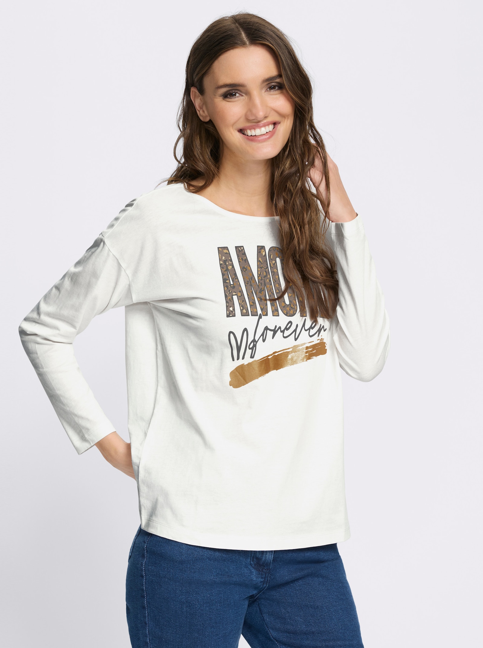 Langarmshirt mit goldfarbenem Amore-Print - ecru-taupe
