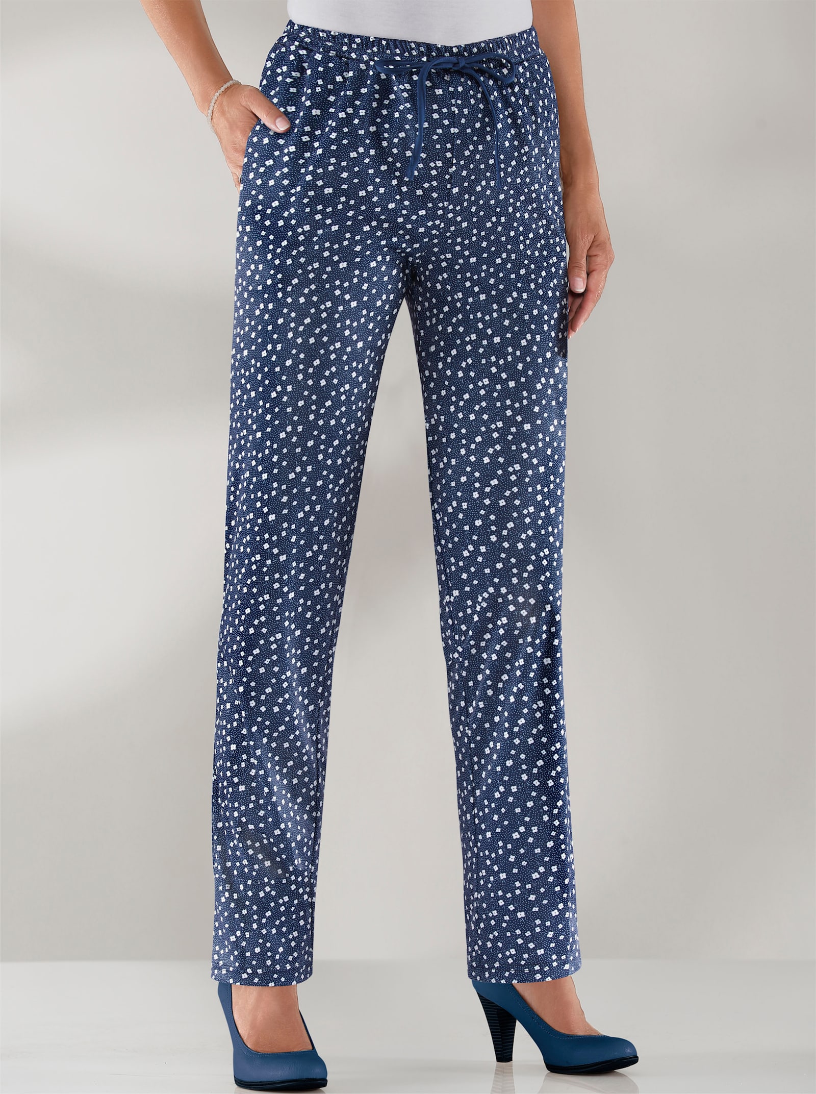 Comfortbroek met comfortband rondom - marine/millefleurs