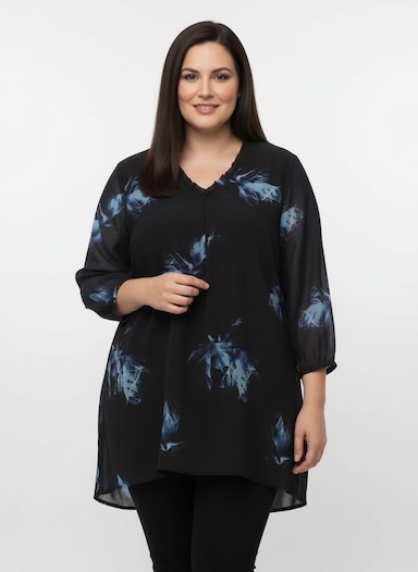 Tunika mit Rüschen am Ausschnitt - schwarz-aquamarin-bedruckt