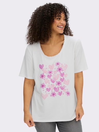 sheego Rundhalsshirt mit Zierband und Frontdruck - ecru-hellrosé