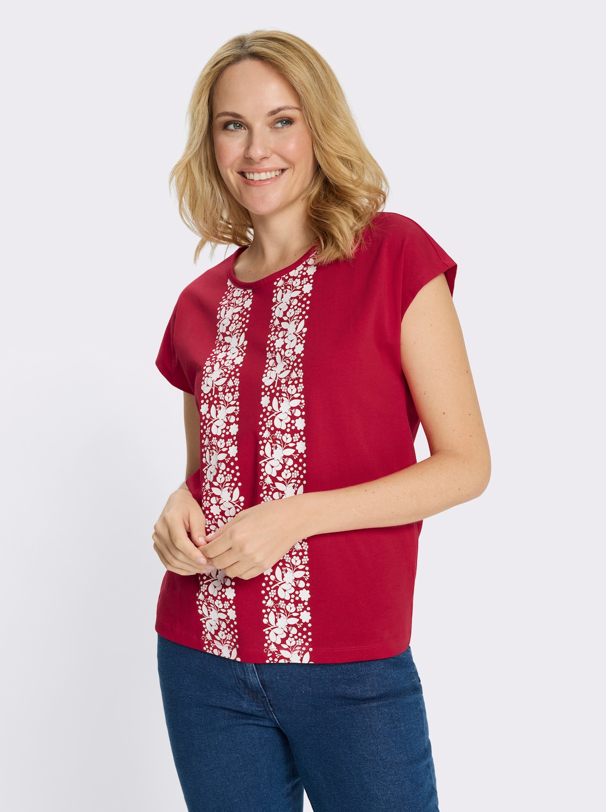 Kurzarmshirt mit Blumenmuster - rot-weiß
