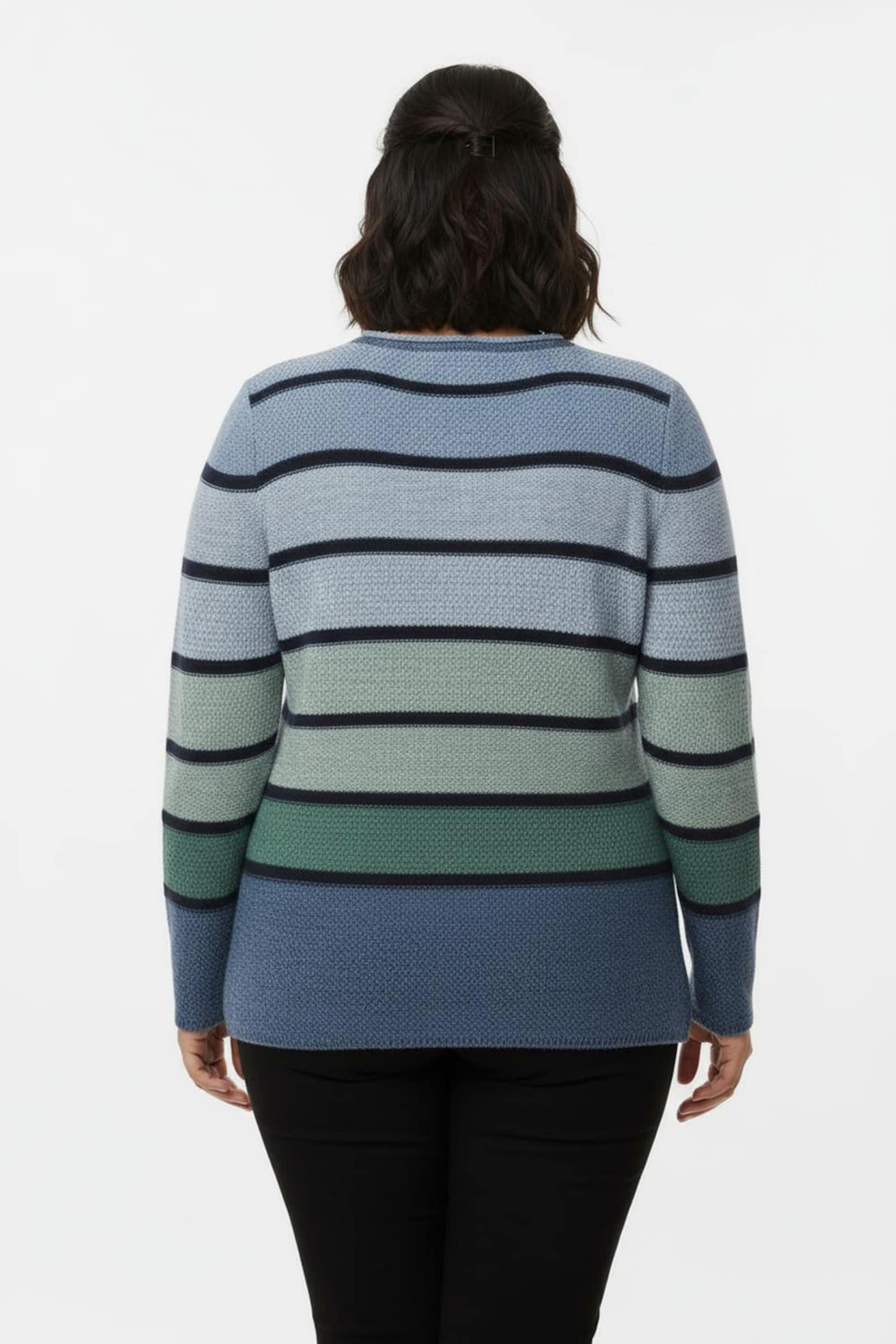 Rundhalspullover mit Ringeln - mittelblau-grün-geringelt