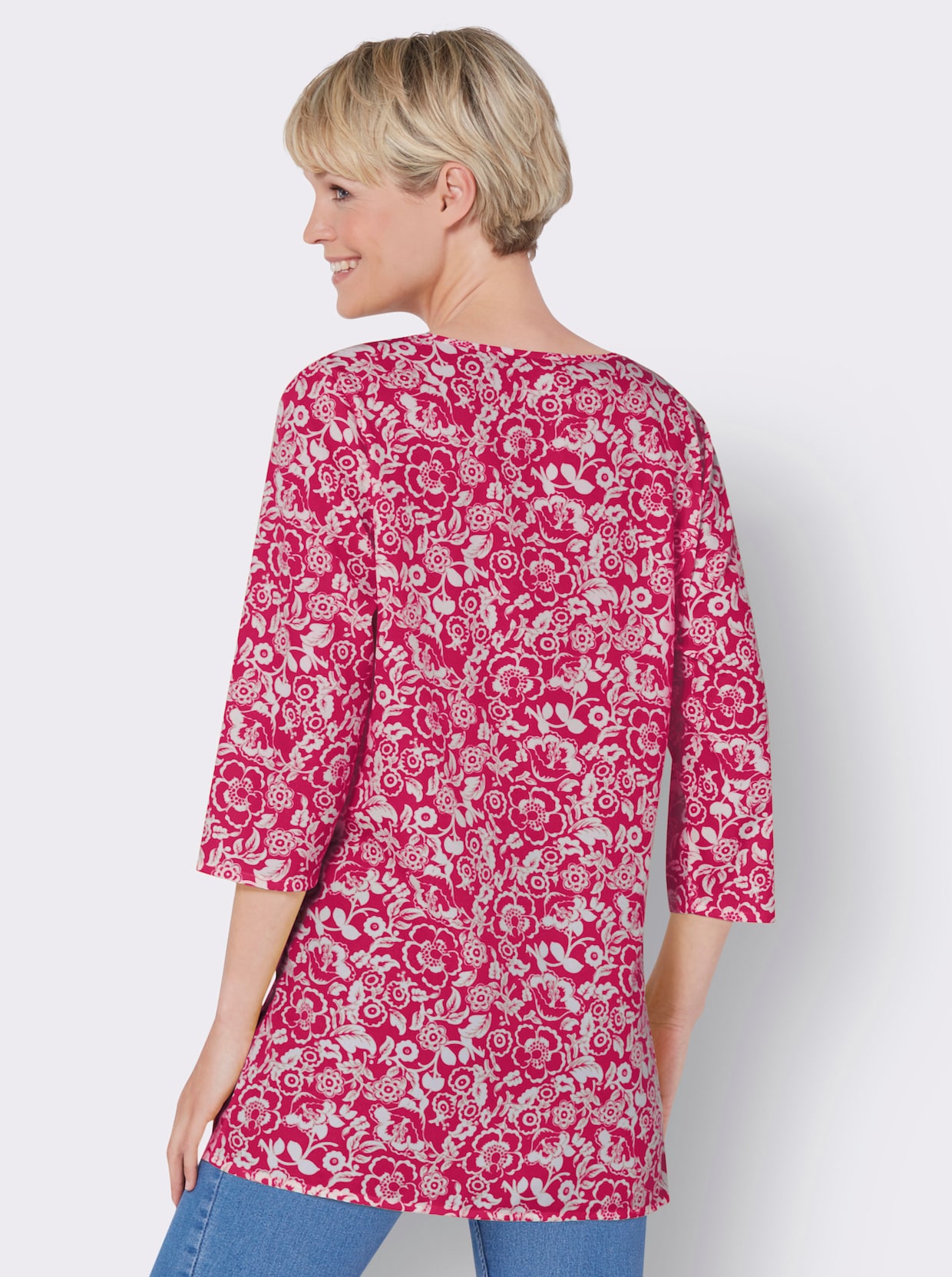 Longline blouse - pink/wit bedrukt