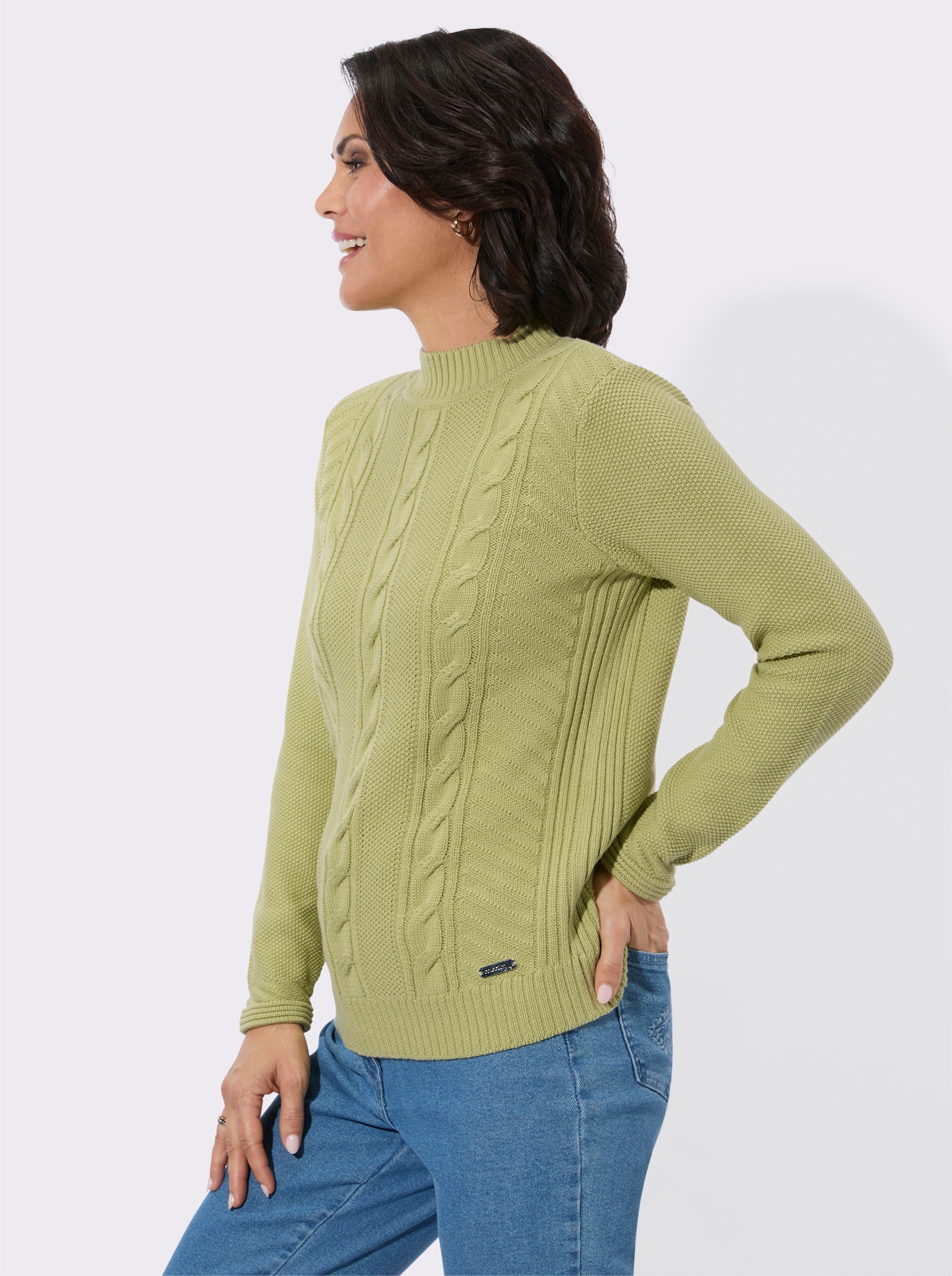 Stehkragenpullover mit Zopfmuster - lindgrün