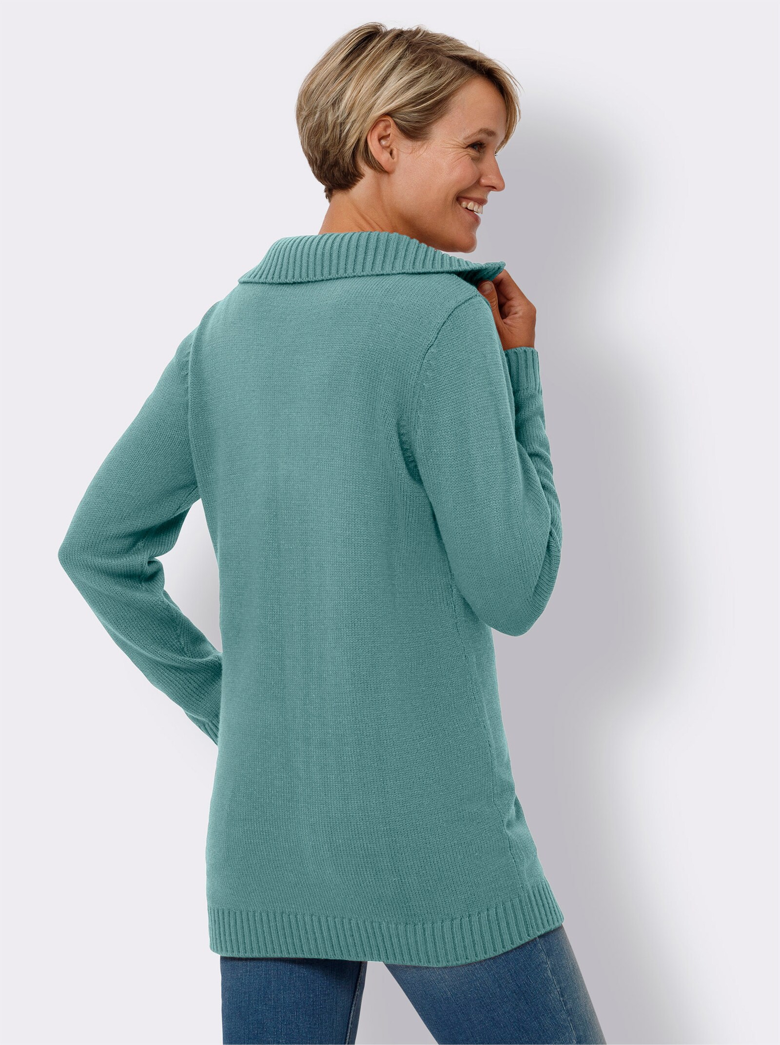 Longpullover mit Troyerkragen, pflegeleicht - salbei