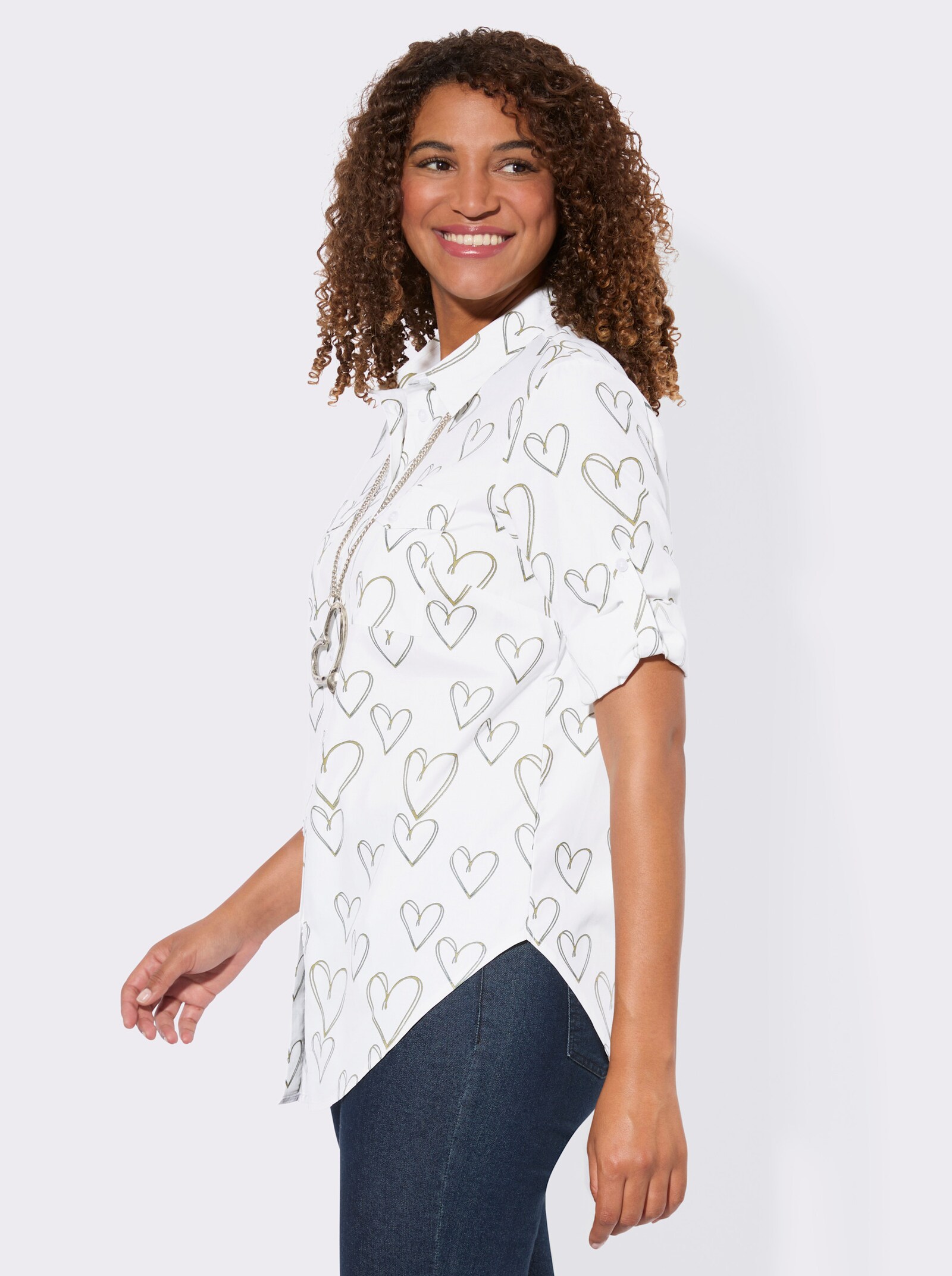 Longbluse mit Kellerfalte hinten - ecru-schilf-bedruckt