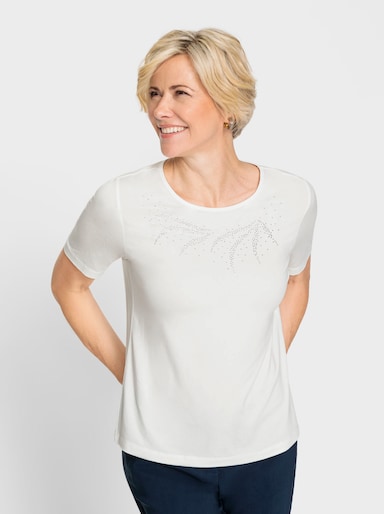 Rundhalsshirt mit Steinchen am Ausschnitt - ecru
