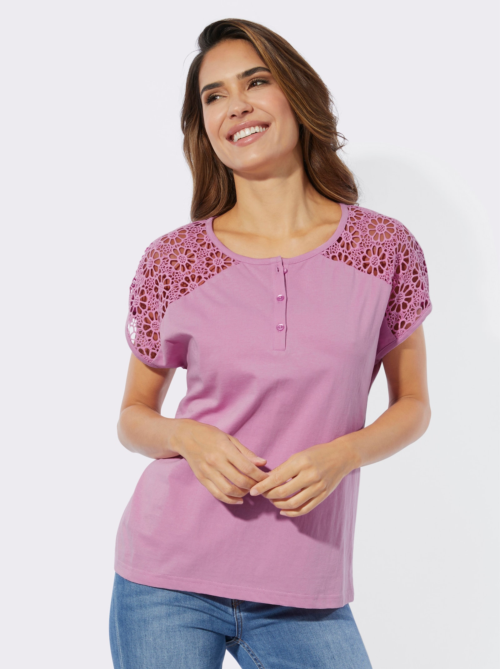 Spitzenshirt mit kurzer Knopfleiste - orchidee