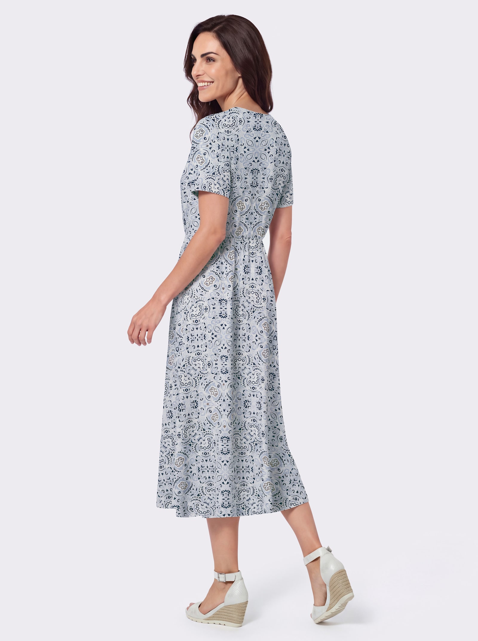 Druckkleid in Viskose-Qualität - ecru-bleu-bedruckt