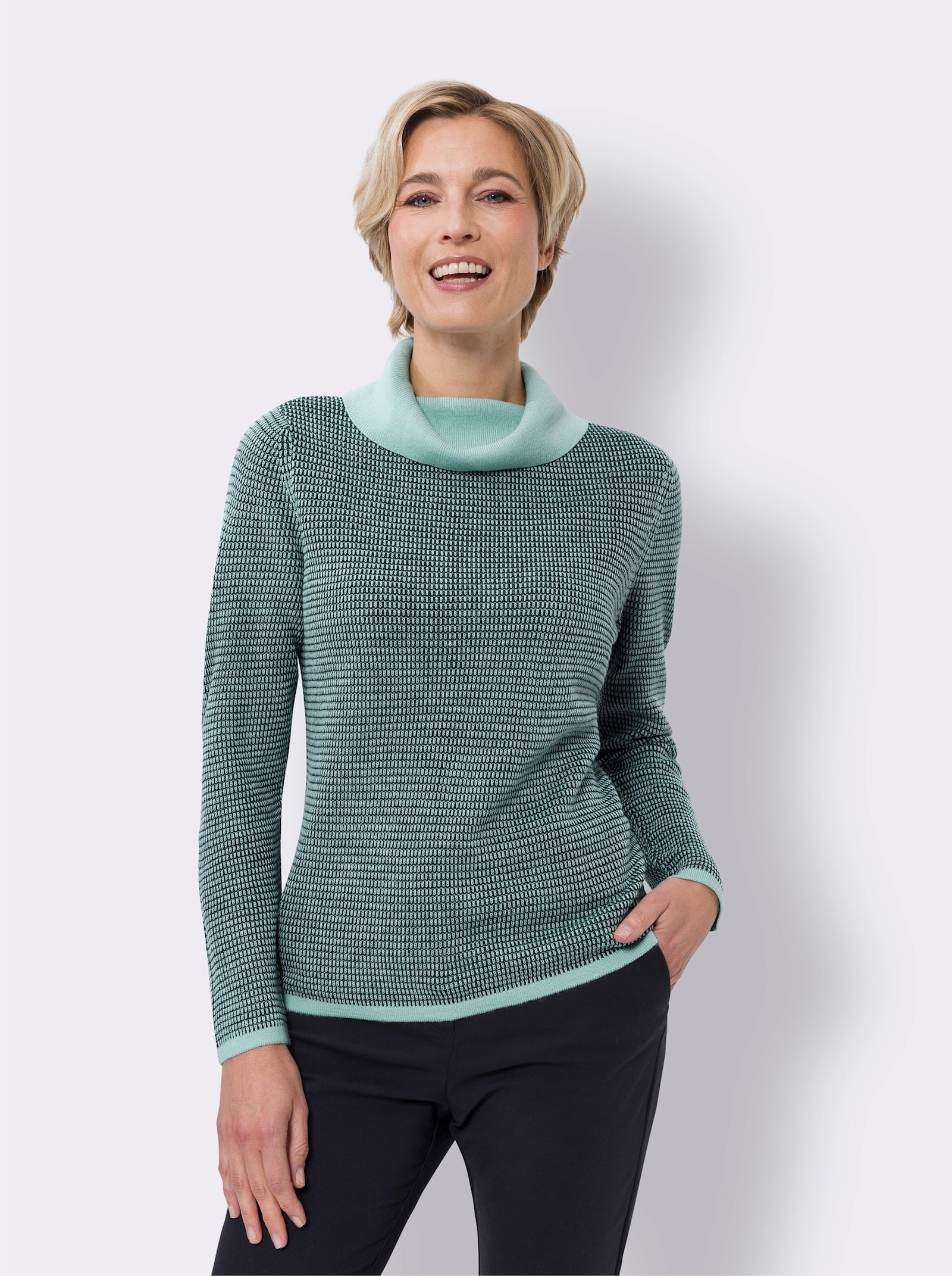 Pullover met lange mouwen met wijde rolkraag - petrol/mint gedessineerd