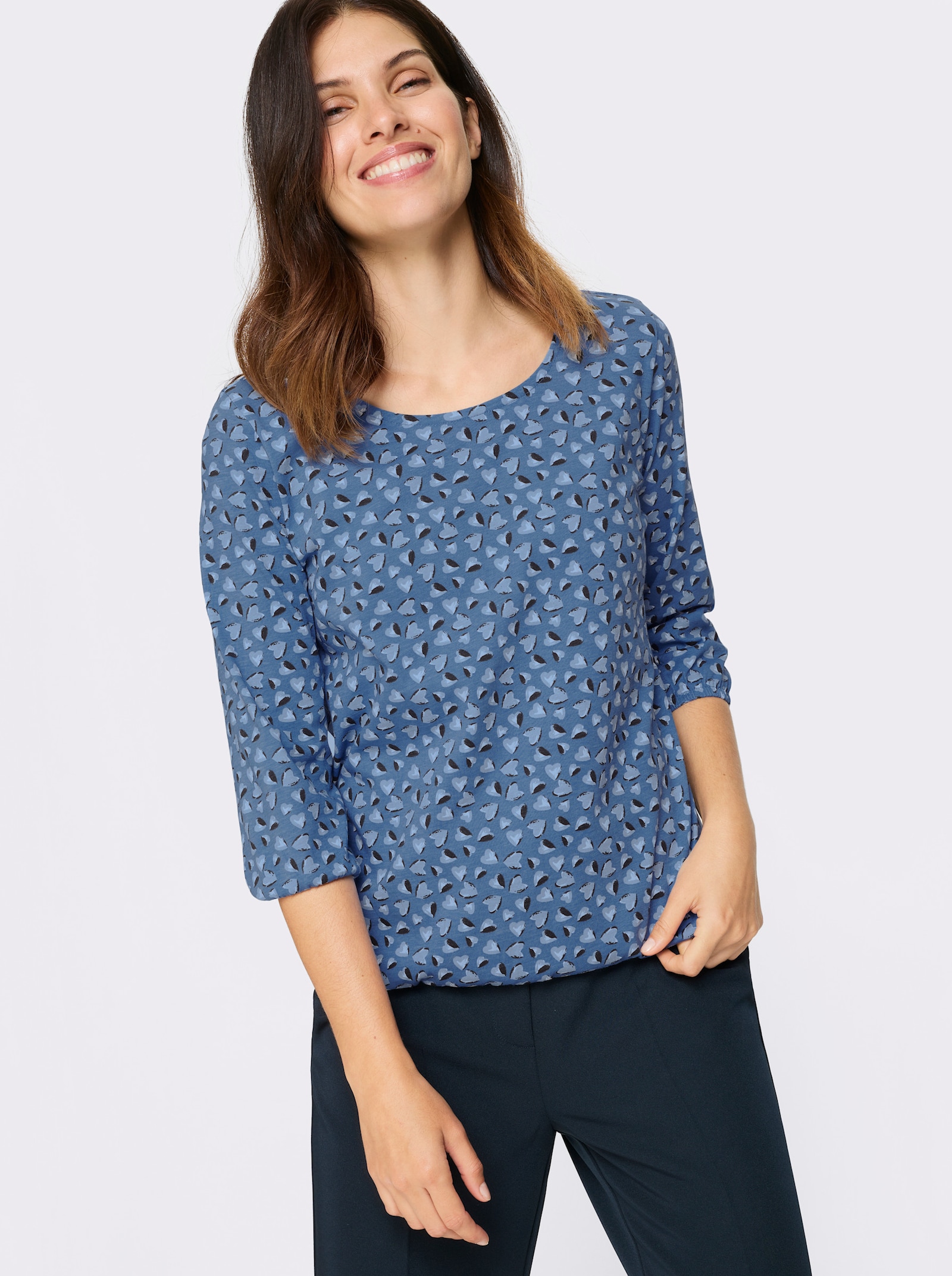 Tričko s 3/4 rukávem a srdíčkovým vzorem - střední modrá-ecru-potisk