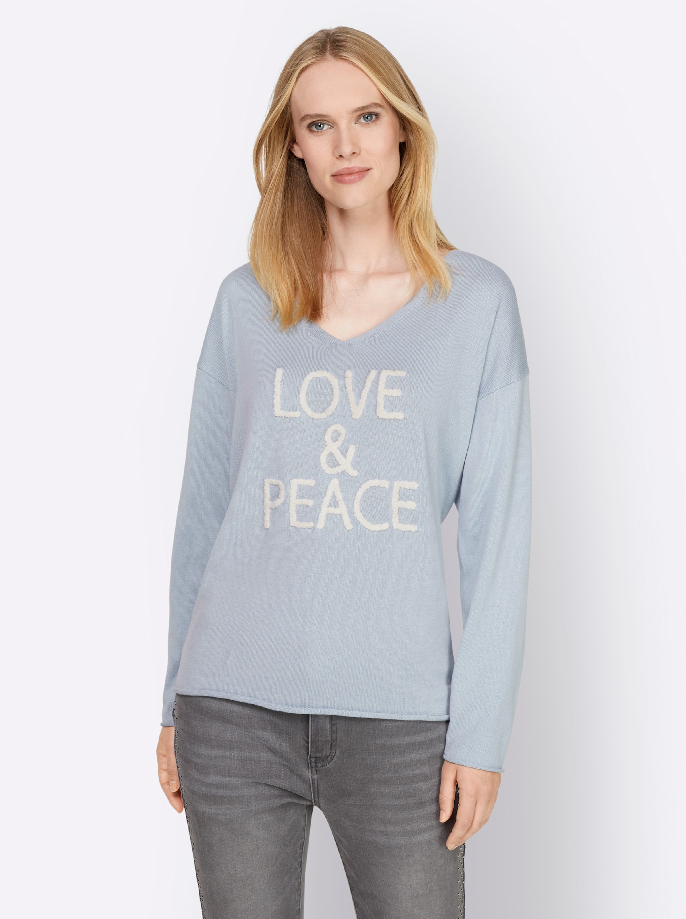 Garn Set günstig Kaufen-Pullover in hellblau-bedruckt von heine. Pullover in hellblau-bedruckt von heine <![CDATA[