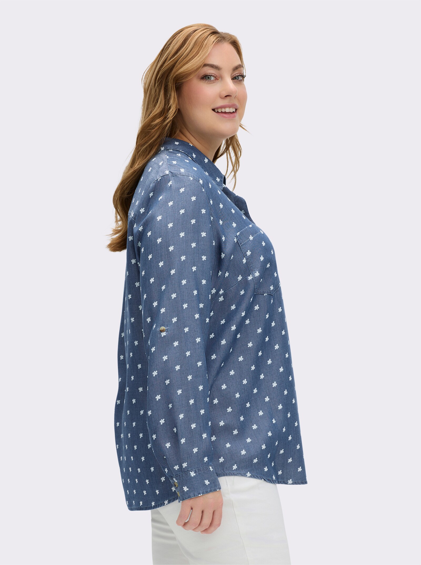 Hemdbluse mit krempelbaren Ärmeln - blue-bleached-bedruckt