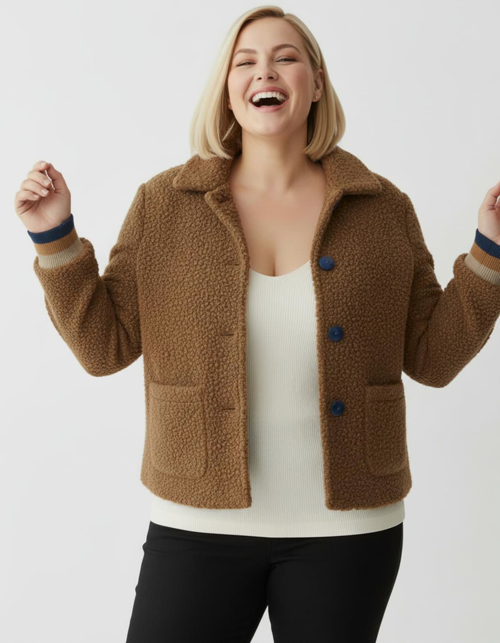 Boucléjacke mit gestreiften Ärmel-Bündchen - cognac