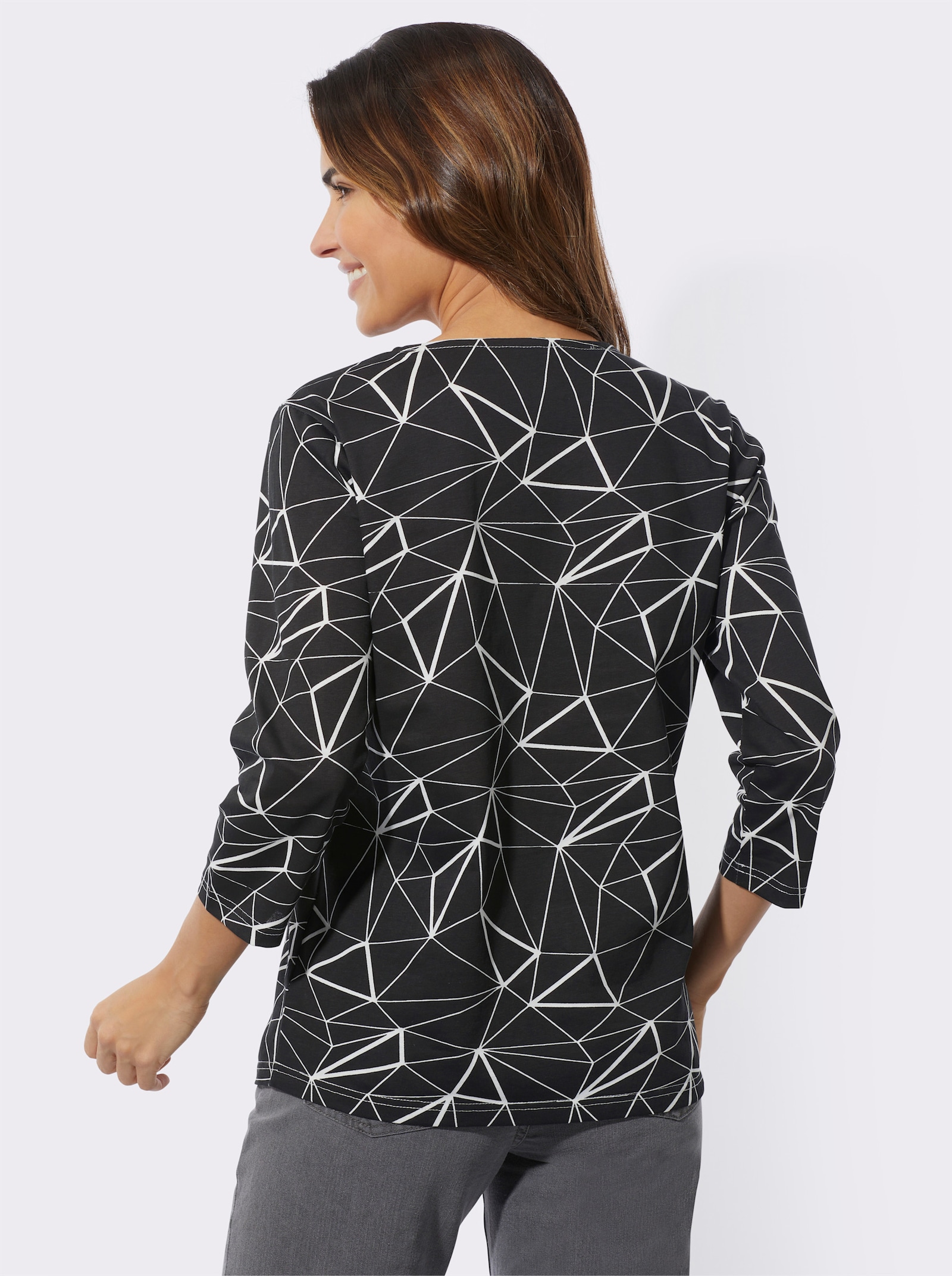 Rundhalsshirt im Grafik-Dessin - schwarz-ecru-bedruckt