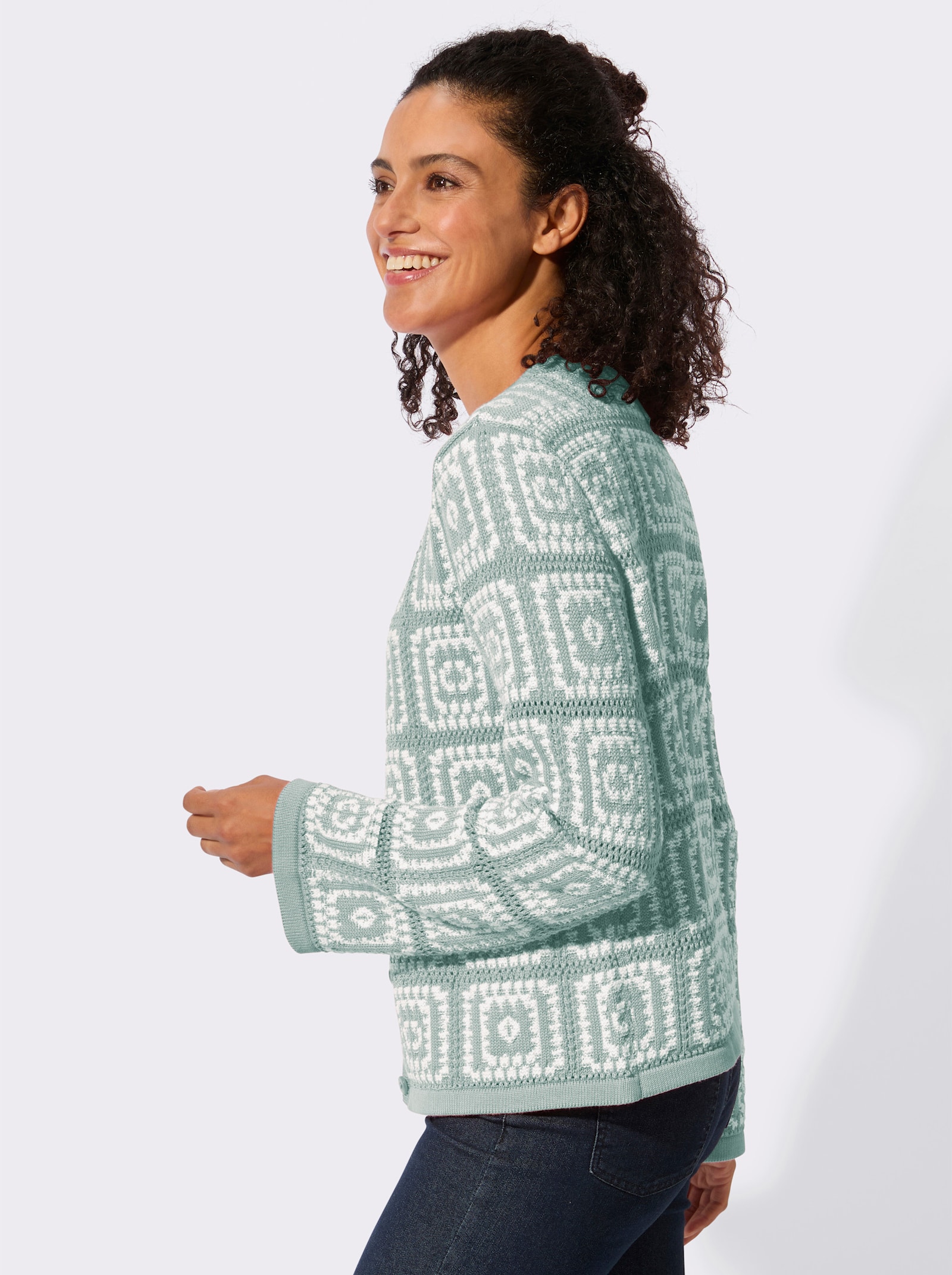 Strickjacke in Häkel-Optik - kalkmint-weiß