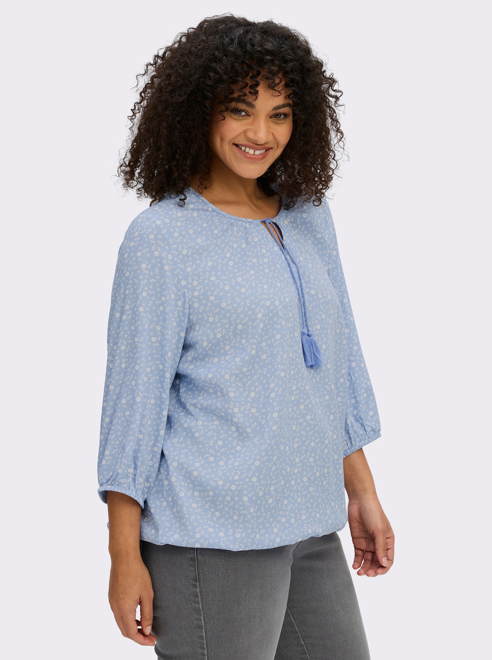 sheego Tunika mit Bindebändern - bleu-ecru-bedruckt