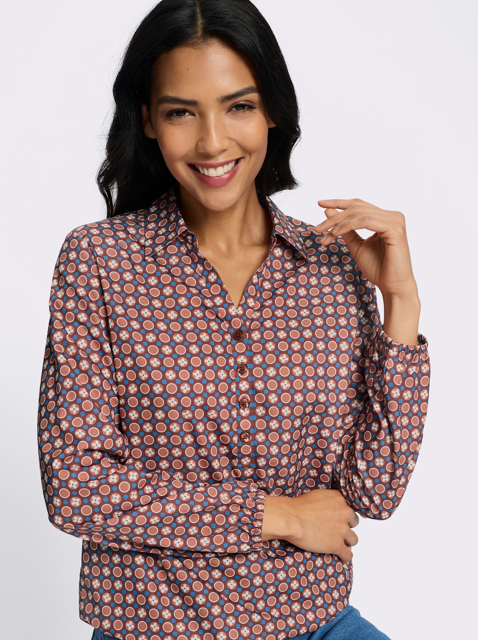 Schlupfbluse mit Gummibündchen - rotbraun-papaya-bedruckt