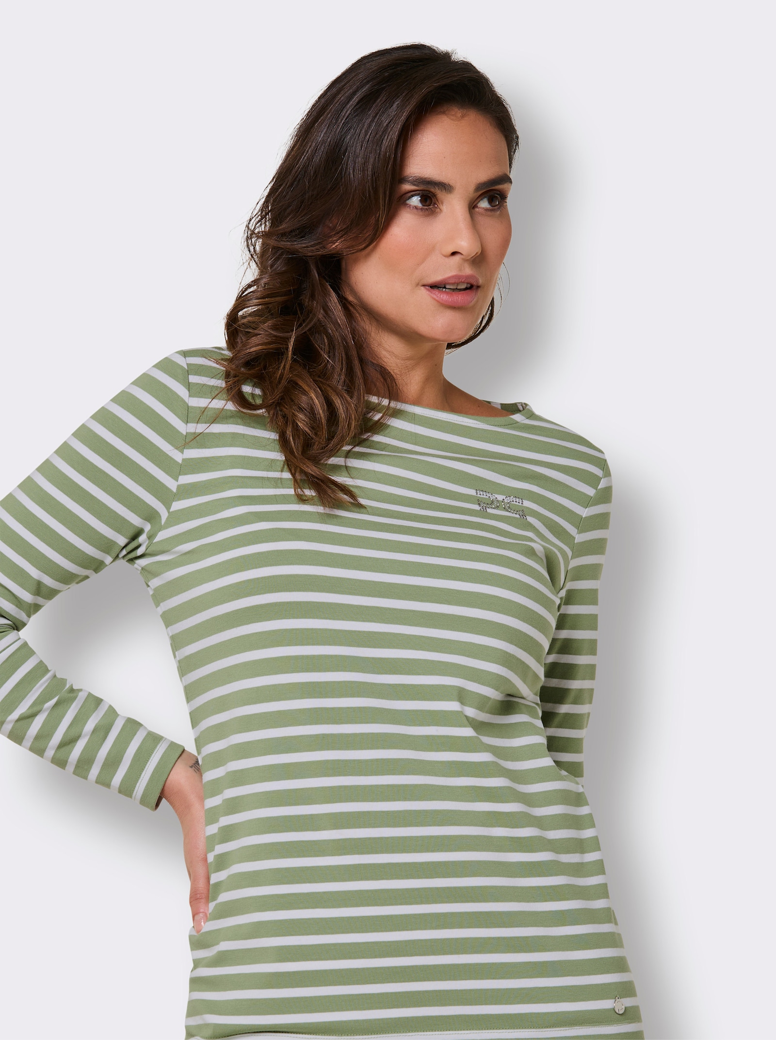 CREATION L PREMIUM Ringelshirt mit Strass-Steinchen - eucalyptus-weiß-geringelt