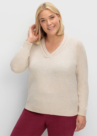 V-Ausschnitt-Pullover mit Rollkante - beige-meliert