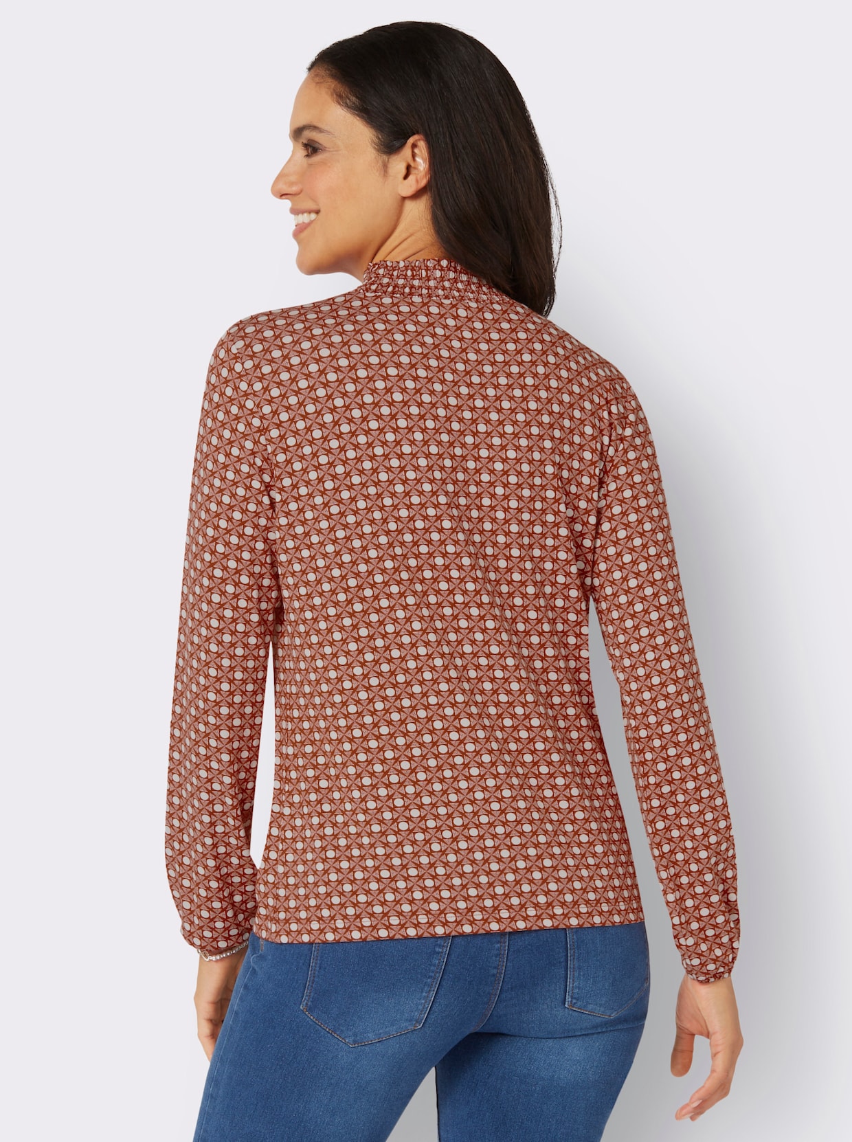 Shirt met opstaande kraag - roestrood/ecru bedrukt