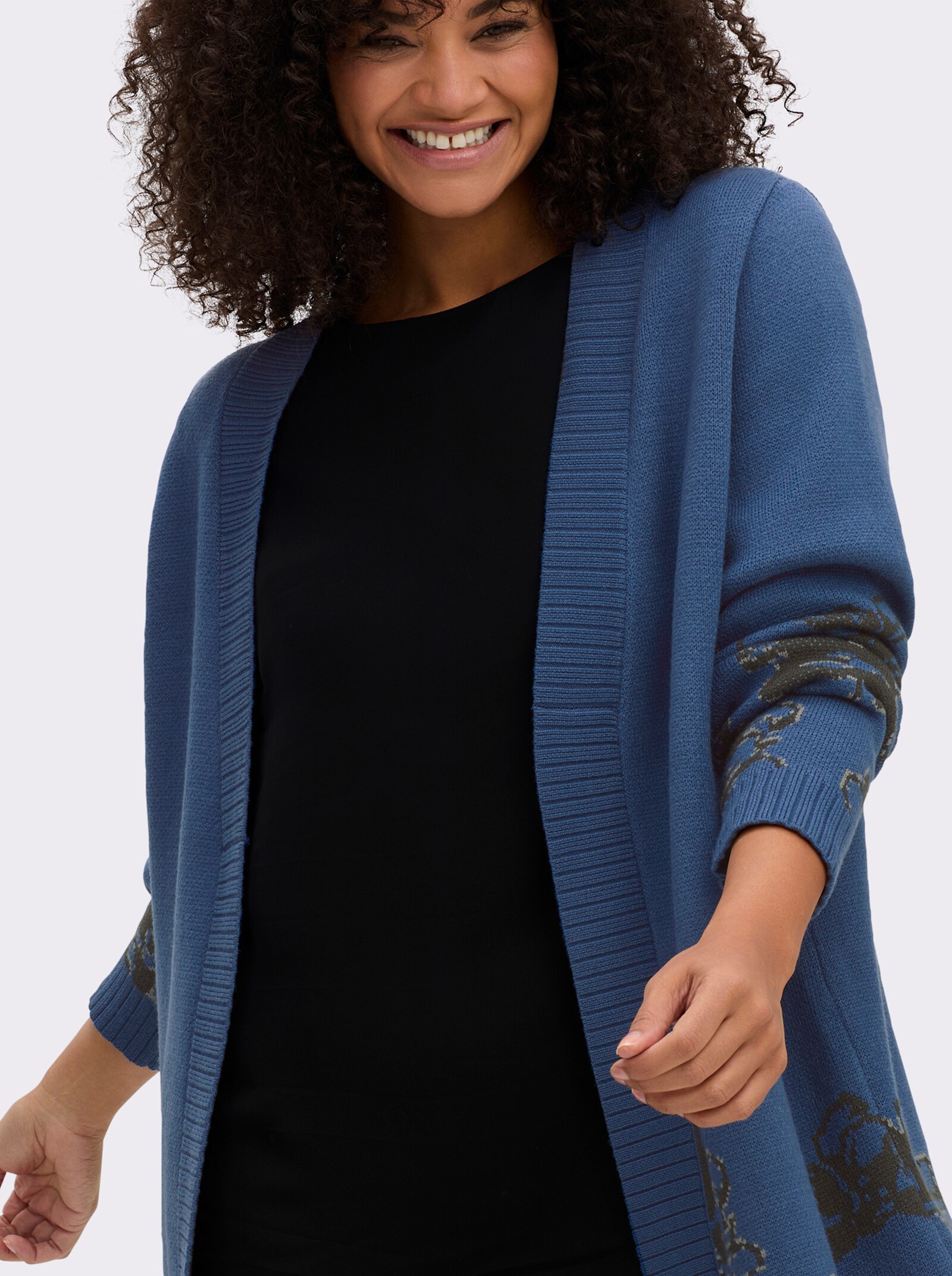sheego Jacquardstrickjacke mit Blütenmuster - jeansblau-graphit-gemustert