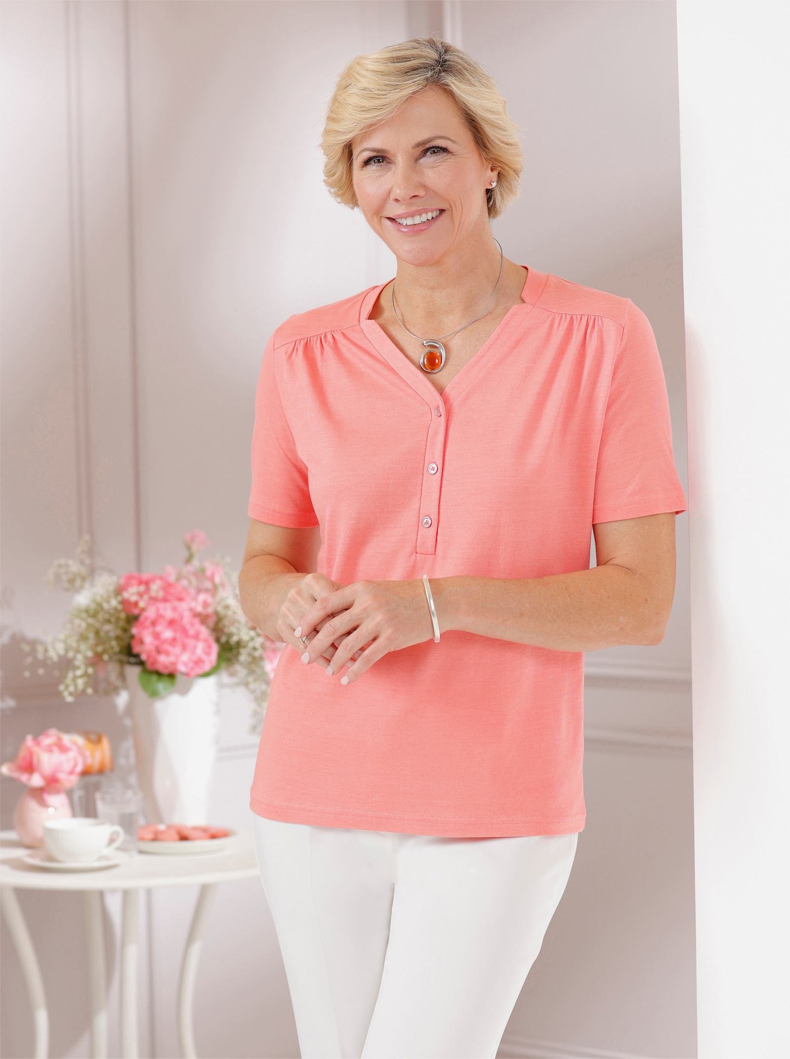 V-Shirt im Modalmix - flamingo