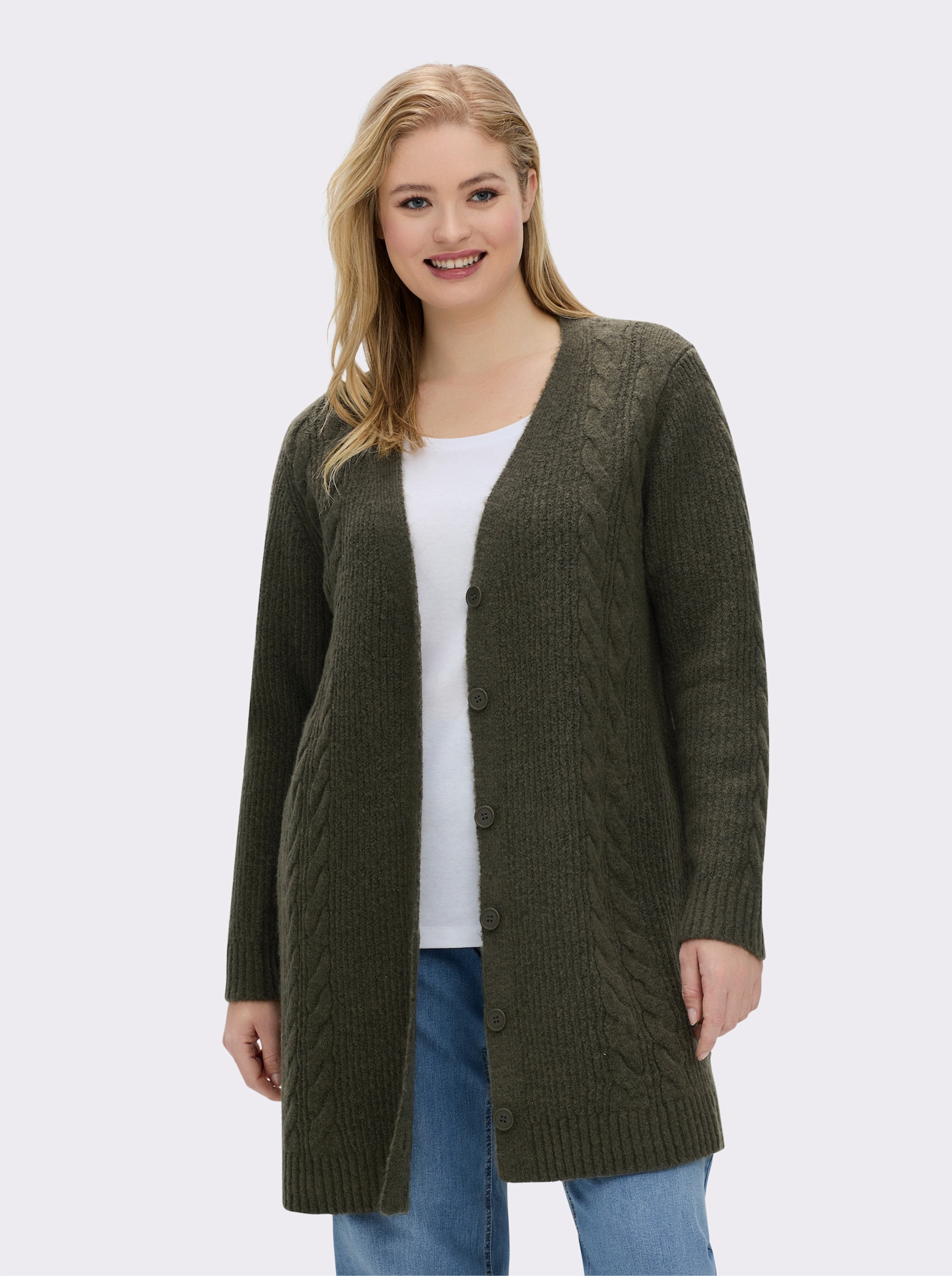 sheego Cardigan mit Zopfmuster - khaki-ecru-meliert