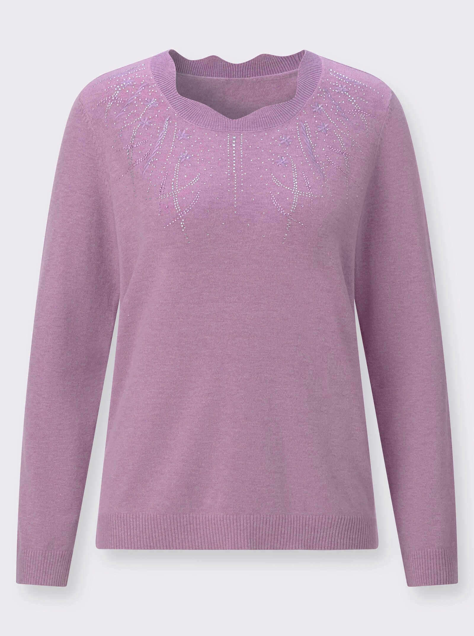 Langarm-Pullover mit Glitzersteinchen und Stickerei - orchidee-meliert