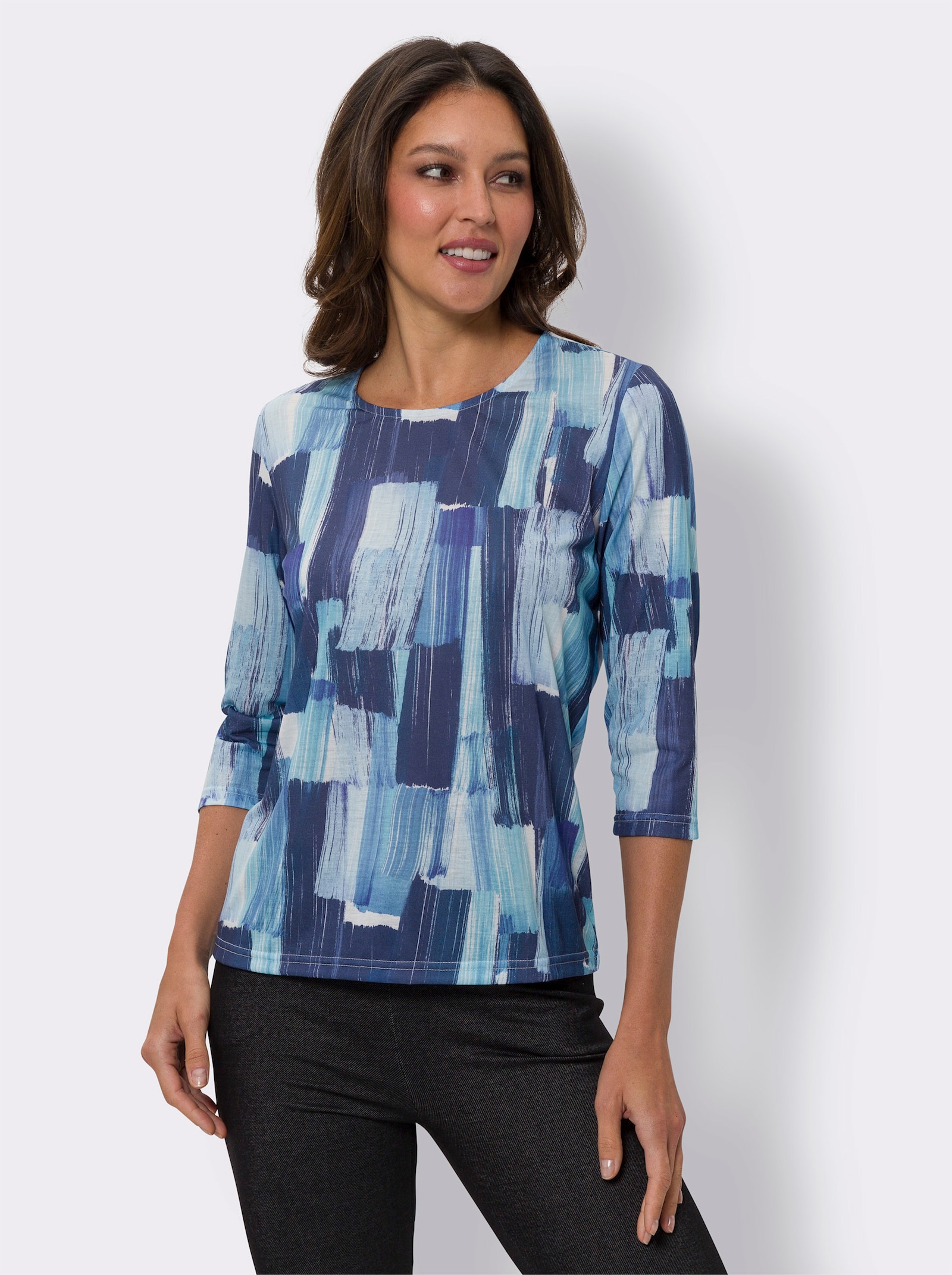 Shirt met 3/4-mouwen en print rondom - marine-aqua bedrukt