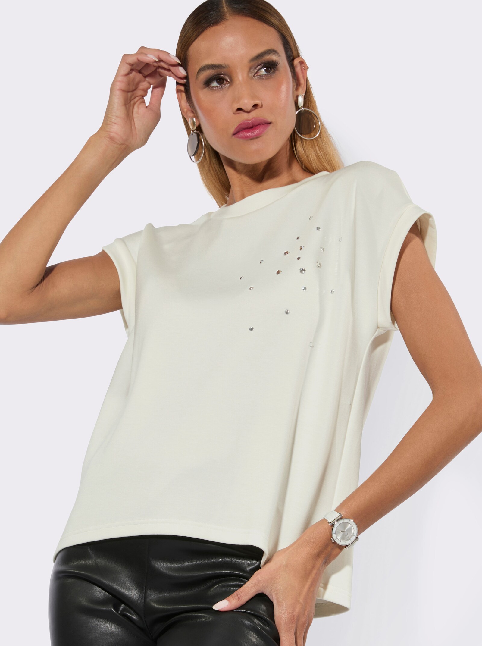 Sweatshirt mit Glitzersteinchen-Verzierung - ecru