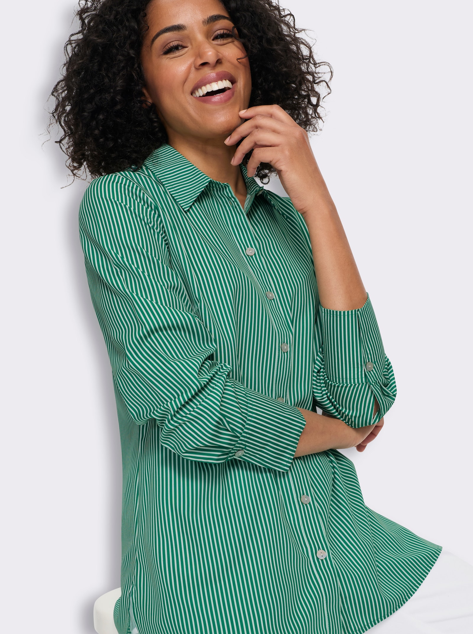 Longbluse mit Längsstreifen, pflegeleicht - grün-ecru-gestreift
