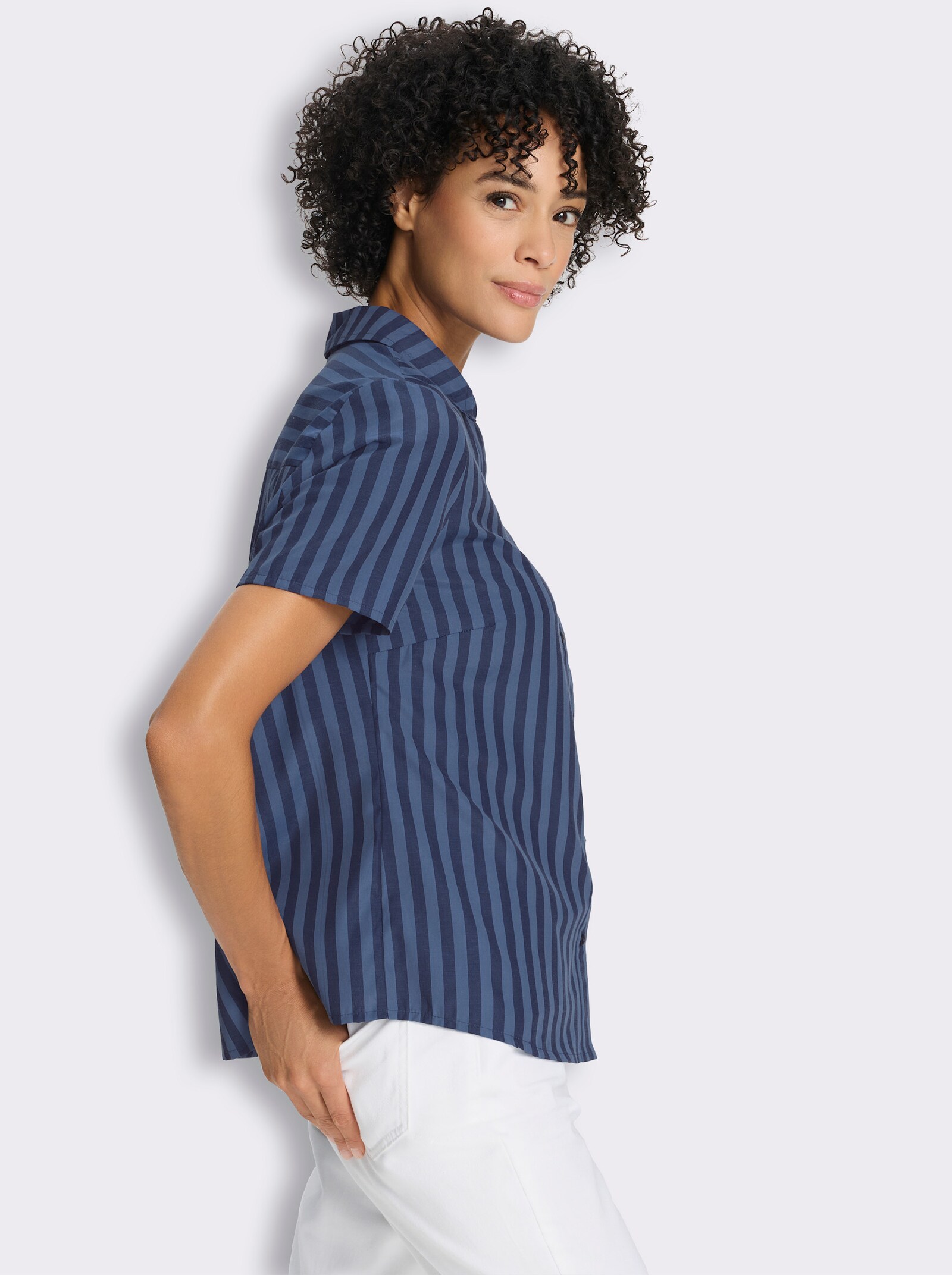Kurzarm-Bluse mit Längsstreifen - dunkelblau-gestreift