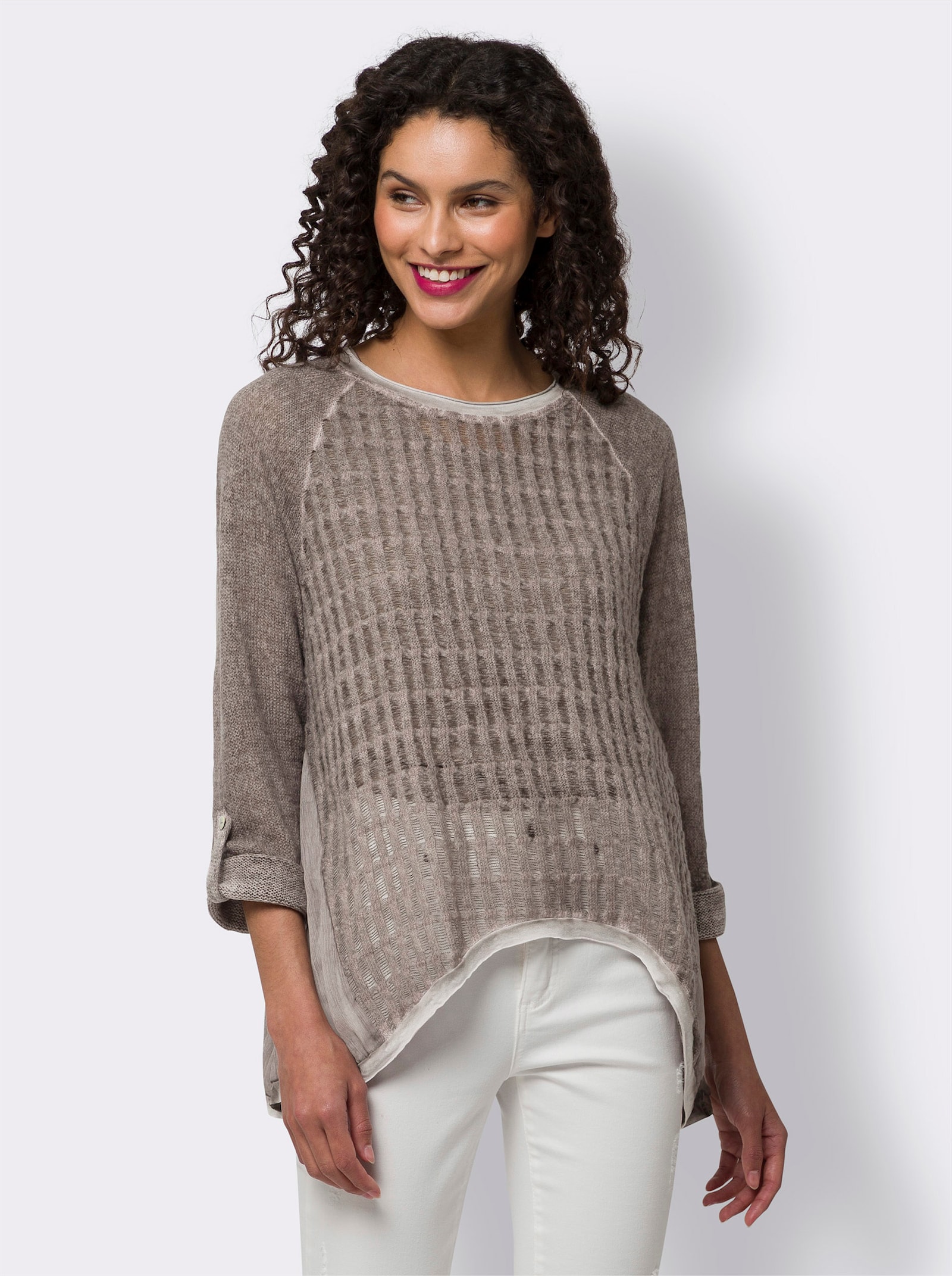 heine Shirt met 3/4-mouwen en chiffoninzetten - taupe