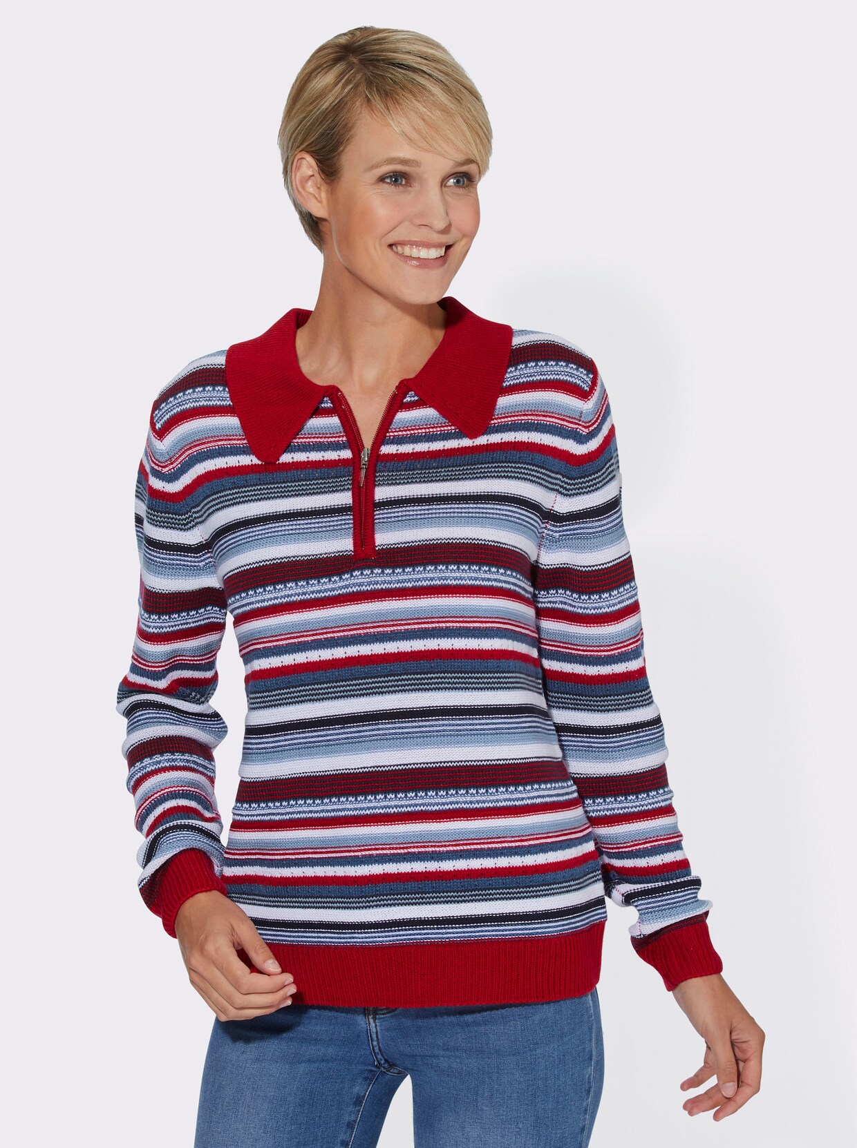 Langarm-Pullover - rot-jeansblau-geringelt