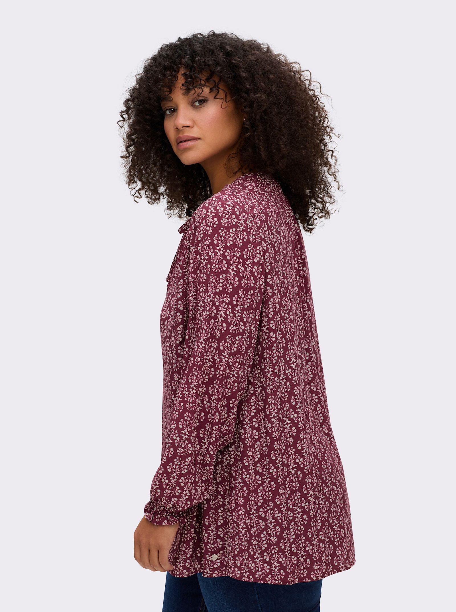 sheego Tuniek met bloemenprint en smokdetails - bordeaux gedessineerd