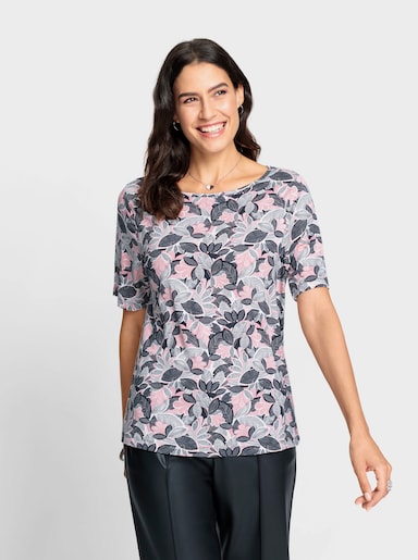 Print-Shirt mit paspeliertem U-Boot-Ausschnitt - hortensie-hellrosé-bedruckt