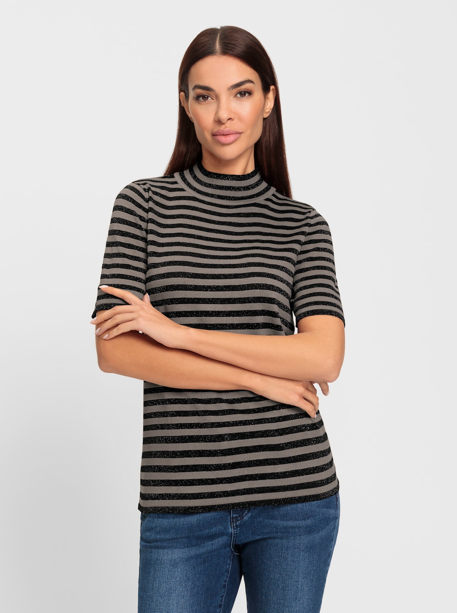 heine Stehkragenpullover mit Ringel-Dessin - schwarz-taupe-gestreift