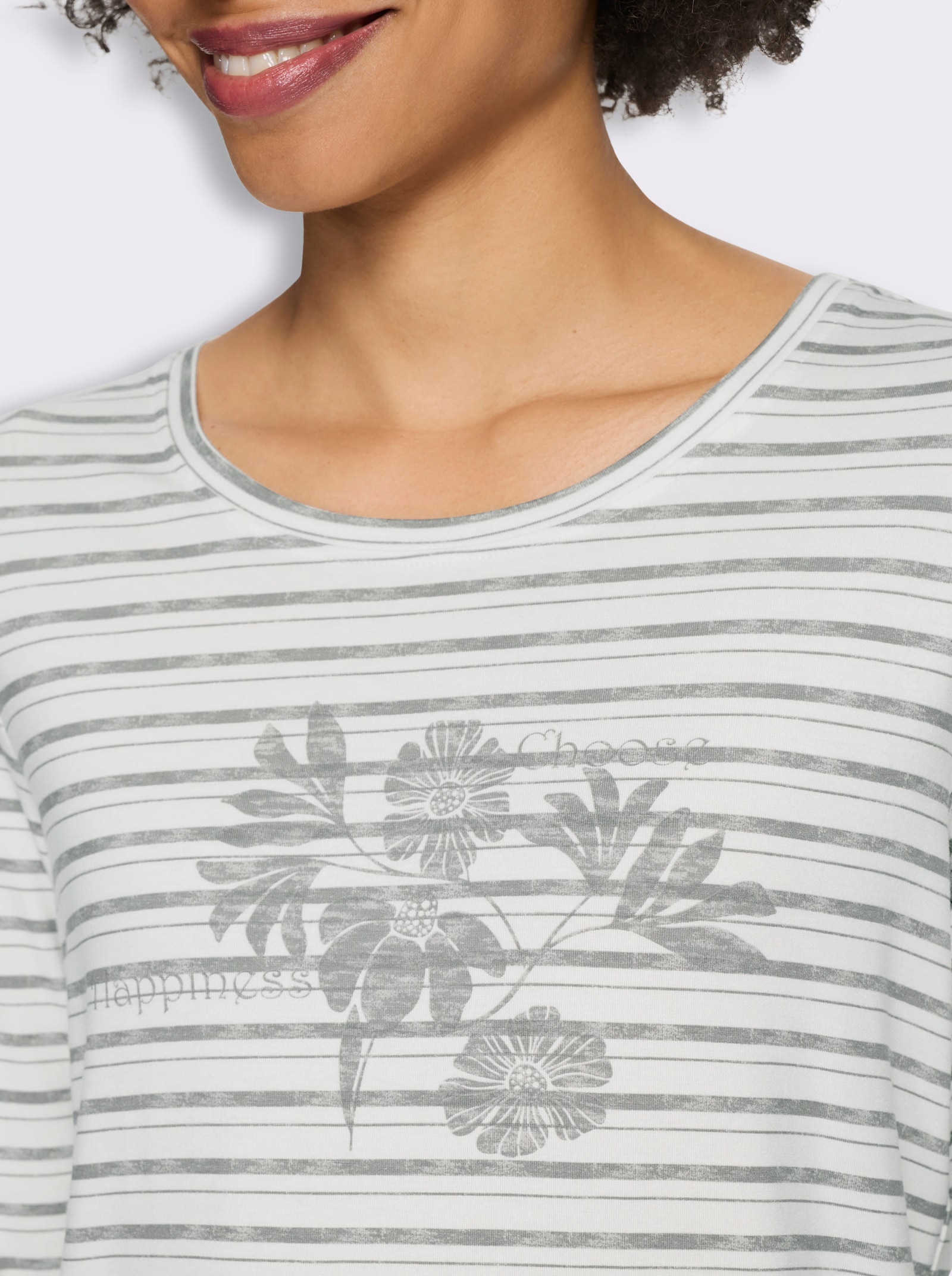 heine Langarmshirt mit Ringel- und Blüten-Print - grau-ecru-geringelt